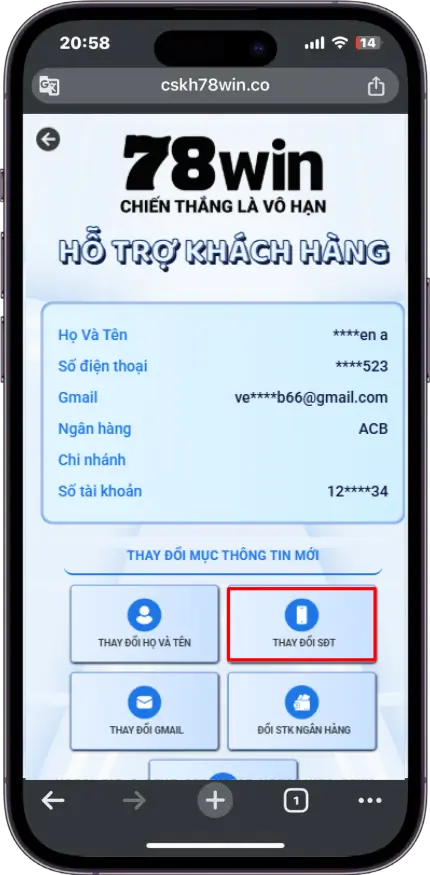 Bước 2 : Chọn Thay đổi SĐT